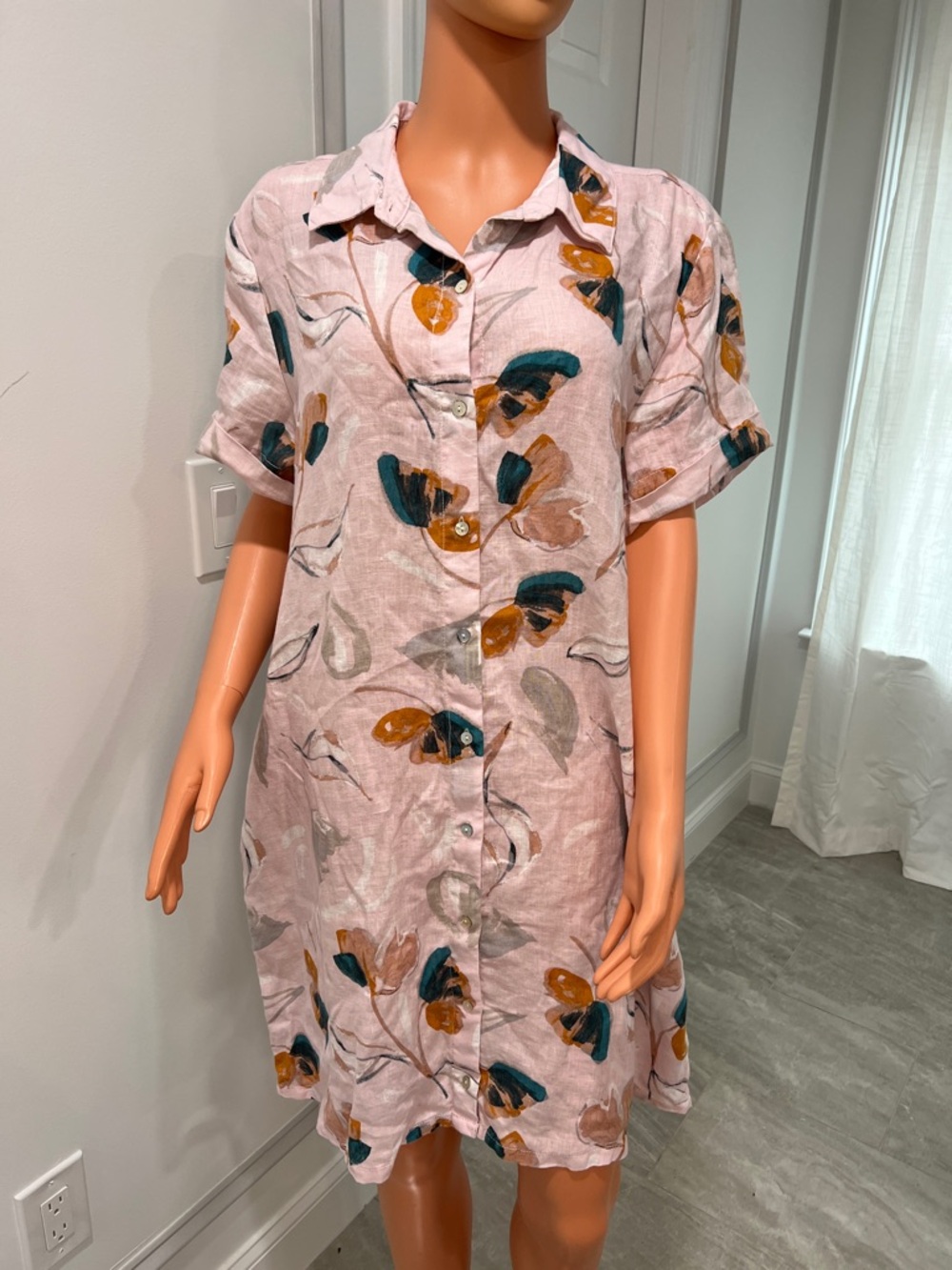 Rachel Zoe Pink Linen Shirt Dress with Blue and Mustard Floral Accents